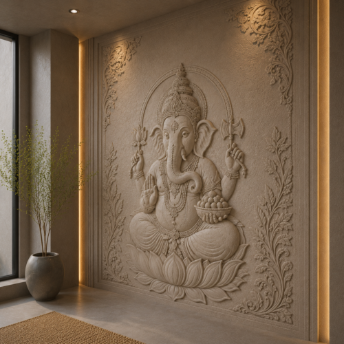 1000063127 Ganapati — Full Body Ganesha Seated Lotus 3D Relief Devotional Wall Panel