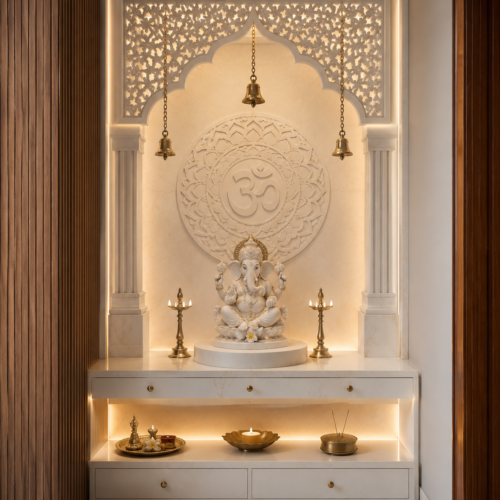 1000063301 Divine Marble Ganesha Temple Unit with Om Mandala Backdrop