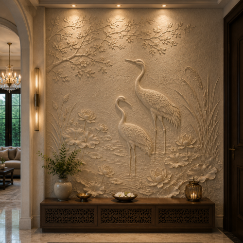 bk1 Saaras — Twin Crane Lotus Pond Relief Wall Panel
