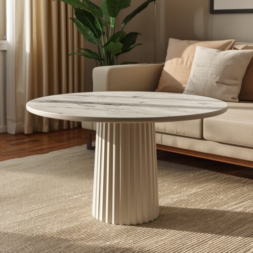 1 White Marble Round Table with Fluted Pedestal Base