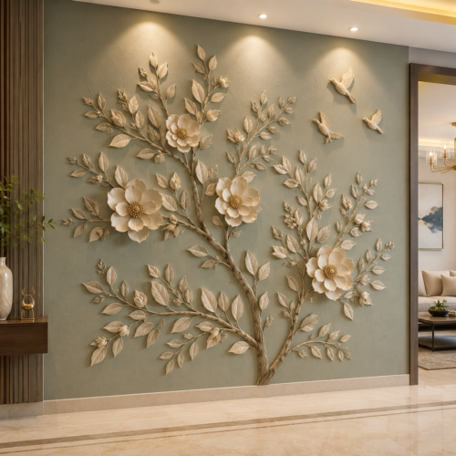 1000062995 Vasant — Golden Floral Tree & Doves Sage Green Relief Wall Panel