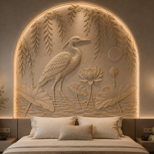 1000063020 (1) Chandramukhi — Heron Lotus Moon Arched LED Headboard Relief Wall Panel