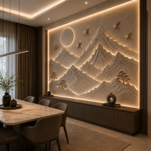 1000063040 Shikhar — Mountain Moon & Cranes 3D Relief Dining Wall Panel