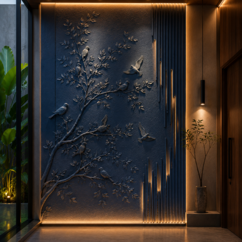 1000063078 (1) Neel Pakshi — Birds on Branch Dark Navy 3D Relief Foyer Wall Panel