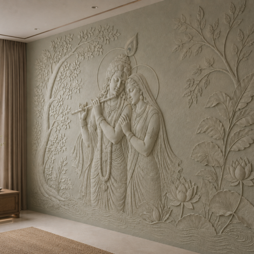 Brindavan Leela — Radha Krishna Flute Lotus Sage Wall Relief Panel