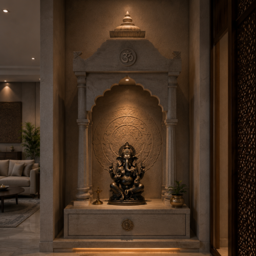 1000063354 Grey Stone Wall-Niche Ganesha Mandir with Om Crest