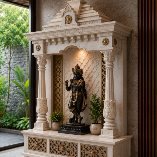 1000063395 Black & Gold Krishna Statue with Carved Marble Pillar Alcove