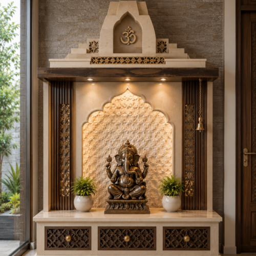 1000063400 Ivory & Walnut Ganesha Mandir with Om Crest & Temple Bell