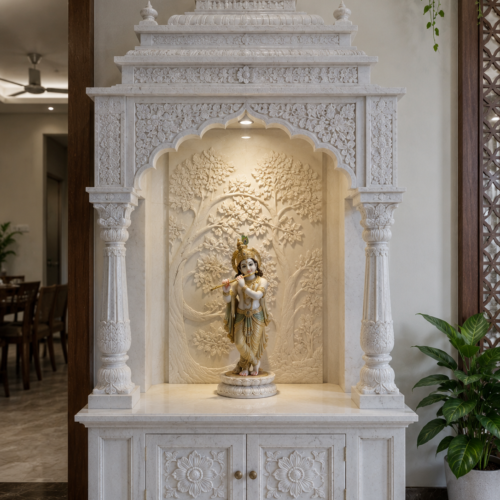 1000063409 White Marble Krishna Mandir with Carved Tree Backdrop