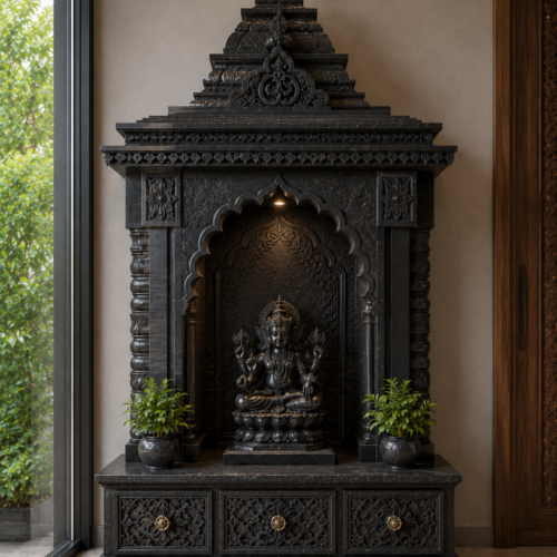 1000063531 Black Marble Lakshmi Mandir with Triple Drawer Base