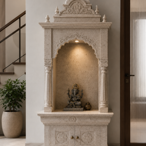 1000063534 Ivory Marble Ganesha Mandir with Cabinet Base