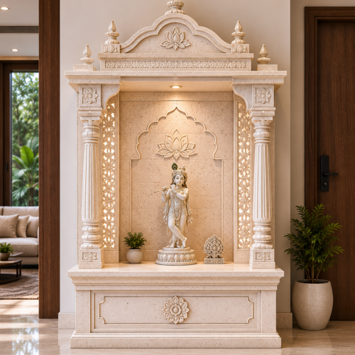 1000063541 Ivory Terrazzo Krishna Mandir with Scalloped Crown & Lotus Motif