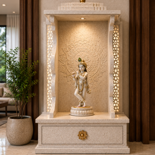 1000063546 Beige Terrazzo Krishna Mandir with Mandala Backdrop