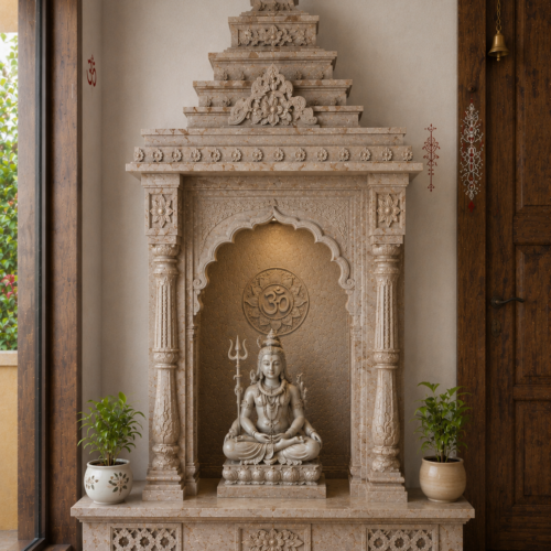 1000063556 Beige Stone Shiva Mandir with Om Medallion