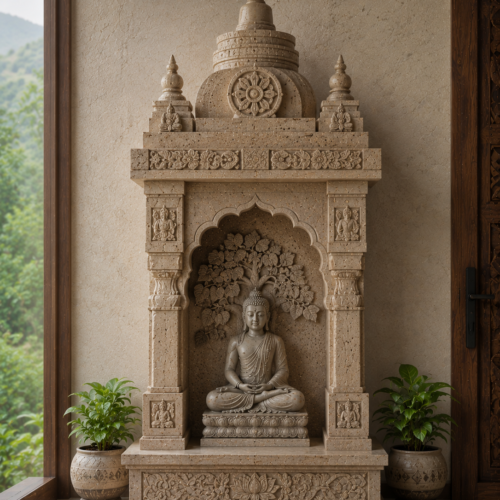 1000063607 Beige Stone Buddha Mandir with Bodhi Tree Carving