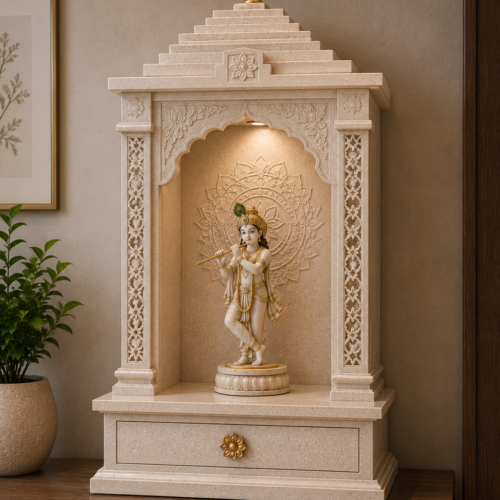 1000063609 Ivory Tabletop Krishna Mandir with Gold Finial