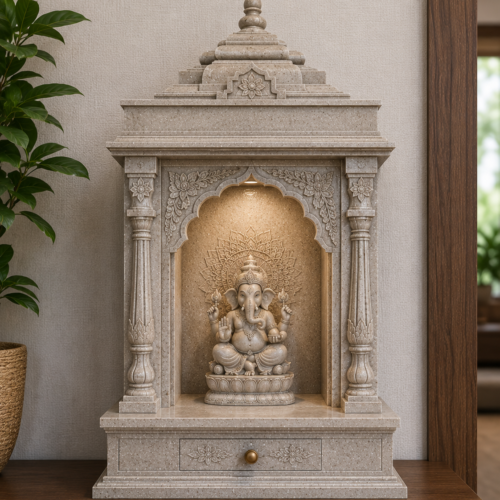1000063616 Sand Beige Tabletop Ganesha Mandir with Lotus Base