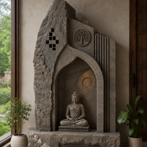 1000063620 Raw-Edge Slate Buddha Mandir – Modern Sculptural Design