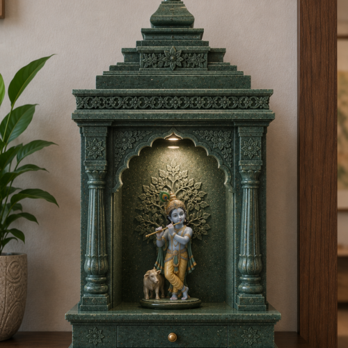 1000063624 Green Stone Tabletop Krishna Mandir with Cow