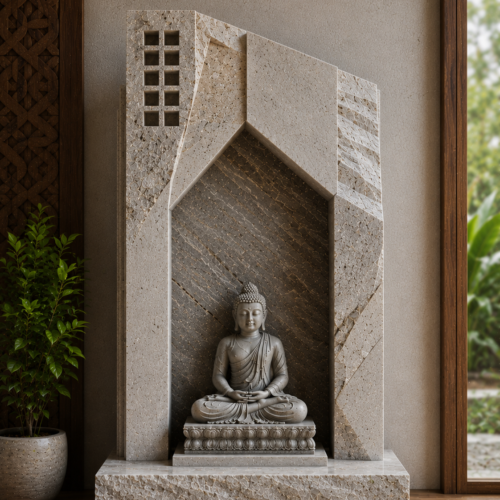 1000063627 Beige Stone Buddha Niche Mandir – Close Detail
