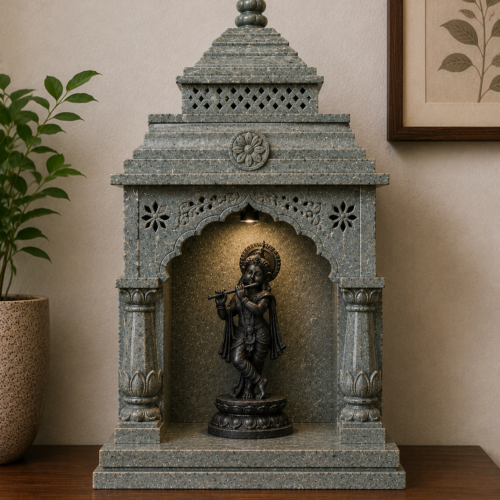 1000063687 Grey Marble Krishna Tabletop Mandir