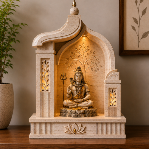 1000063707 Travertine Tabletop Shiva Mandir with Tree-of-Life Backdrop