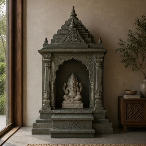 1000063756 Compact Green Stone Ganesha Mandir with Stepped Spire