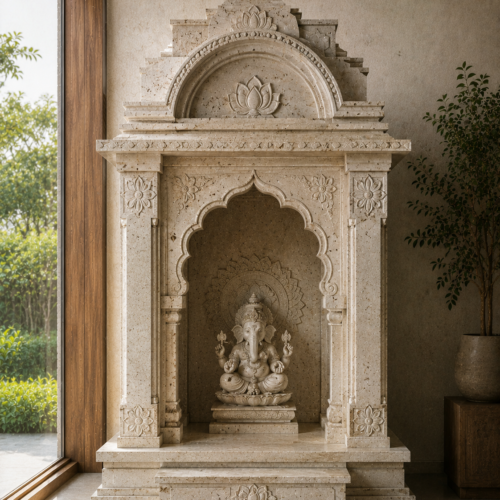 1000063772 Ivory White Marble Ganesha Mandir with Domed Arch