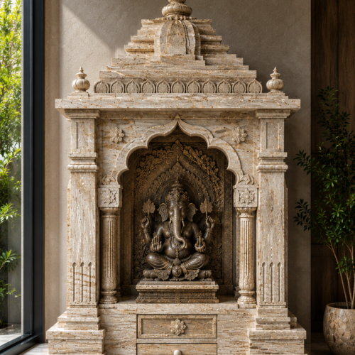 1000063777 Sandstone Beige Ganesha Mandir with Drawer Storage