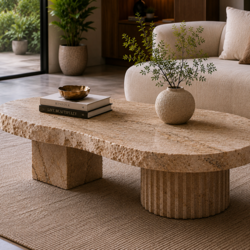 1000063852 Ivory Travertine Organic Coffee Table with Mixed Block & Fluted Legs