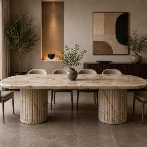 1000064079 Golden Travertine Grand Oval Dining Table with Fluted Pedestals