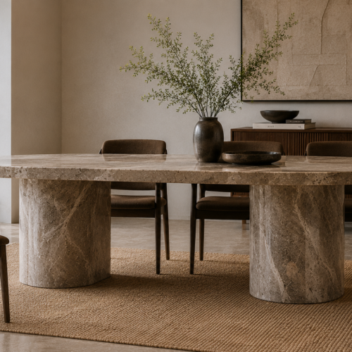 1000064082 Grey Marble Oval Dining Table with Round Pedestal Legs