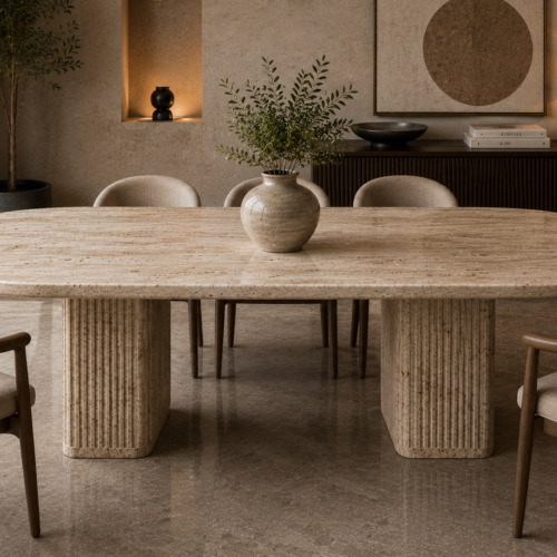 1000064085 Ivory Travertine Oval Dining Table with Fluted Block Pedestals