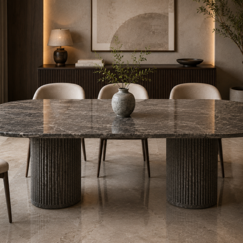 1000064097 Dark Emperador Marble Oval Dining Table with Fluted Pedestals