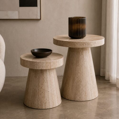 1000064205 Travertine Cone Pedestal Nesting Side Tables (Set of 2)