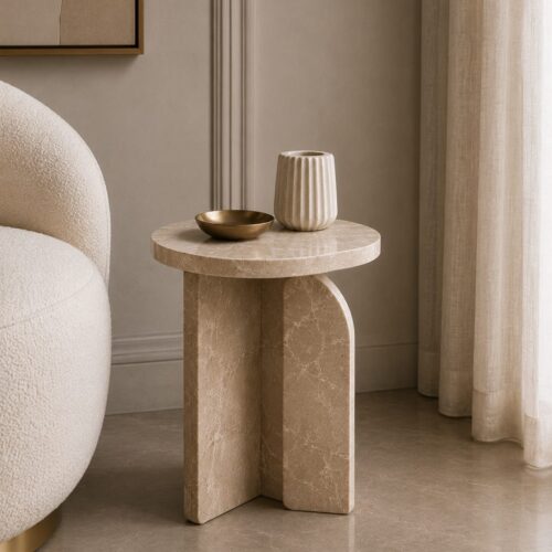 1000064207 Cream Marble Side Table with Cross-Base Legs