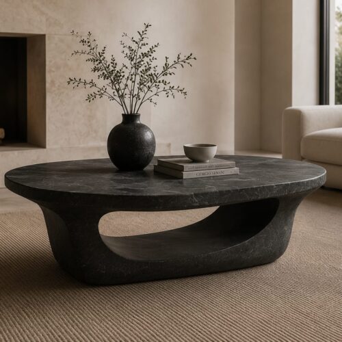 1000064209 Black Marble Oval Coffee Table with Arch Cut-Out Base