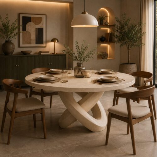 1000064227 Modern Round Travertine Dining Table
