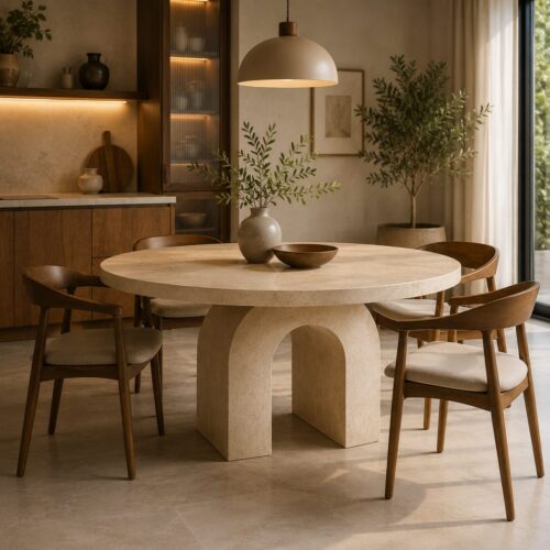 1000064228 Round Travertine Dining Table with Block Pedestal Legs