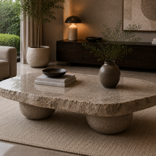 1000064264 Beige Terrazzo-Effect Organic Coffee Table with Sphere Legs