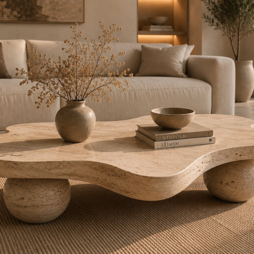 1000064268 Organic Freeform Travertine Coffee Table with Sphere Legs