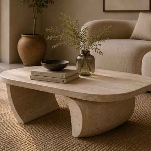 1000064303 Beige Travertine Coffee Table with Curved Fin Legs