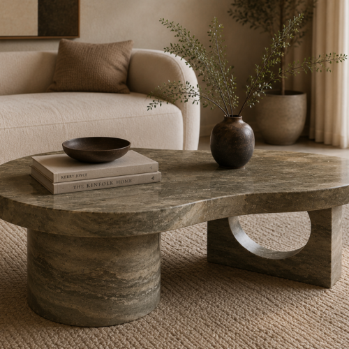 1000064320 Bronze-Toned Travertine Organic Coffee Table with Drum Base