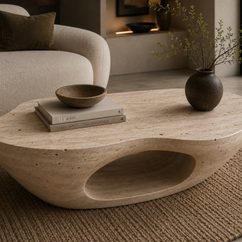 1000064332 Rustic Travertine Coffee Table with Sculptural Arch Base
