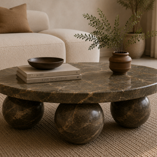 1000064336 Dark Emperador Marble Round Coffee Table with Triple Sphere Base
