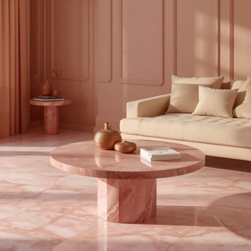 2 Terracotta Pink Marble Round Pedestal Coffee Table