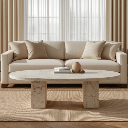 2 White Marble Oval Coffee Table with Dual Block Legs