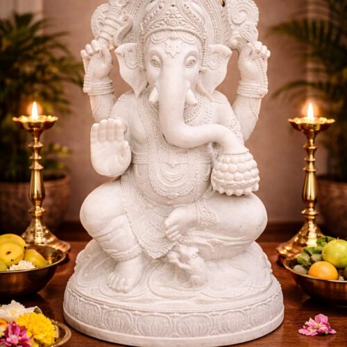 White Sandstone Ganesha Statue for Elegant Home Decor