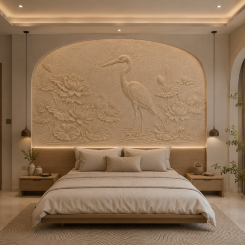 Neelkamal — Heron & Lotus Pond Arched Headboard Relief Panel