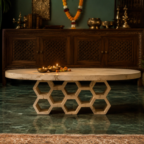 comb Ivory Travertine Round Coffee Table with Honeycomb Base